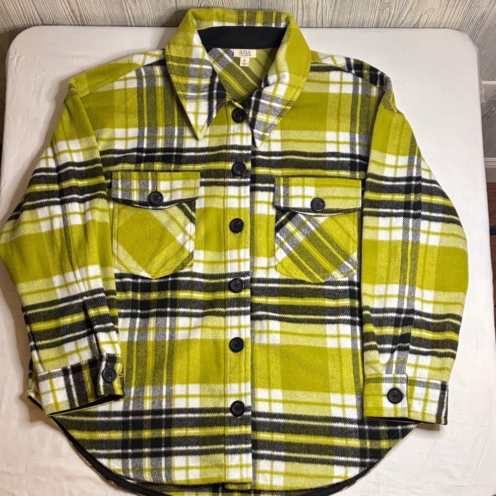 a.n.a Oversized Shacket in Chartreuse Black and White Plaid